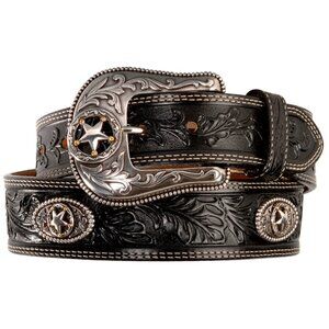 Justin Boots Mens Black Leather 5 Star Ranch Belt Silver Buckle Tooled Size 38